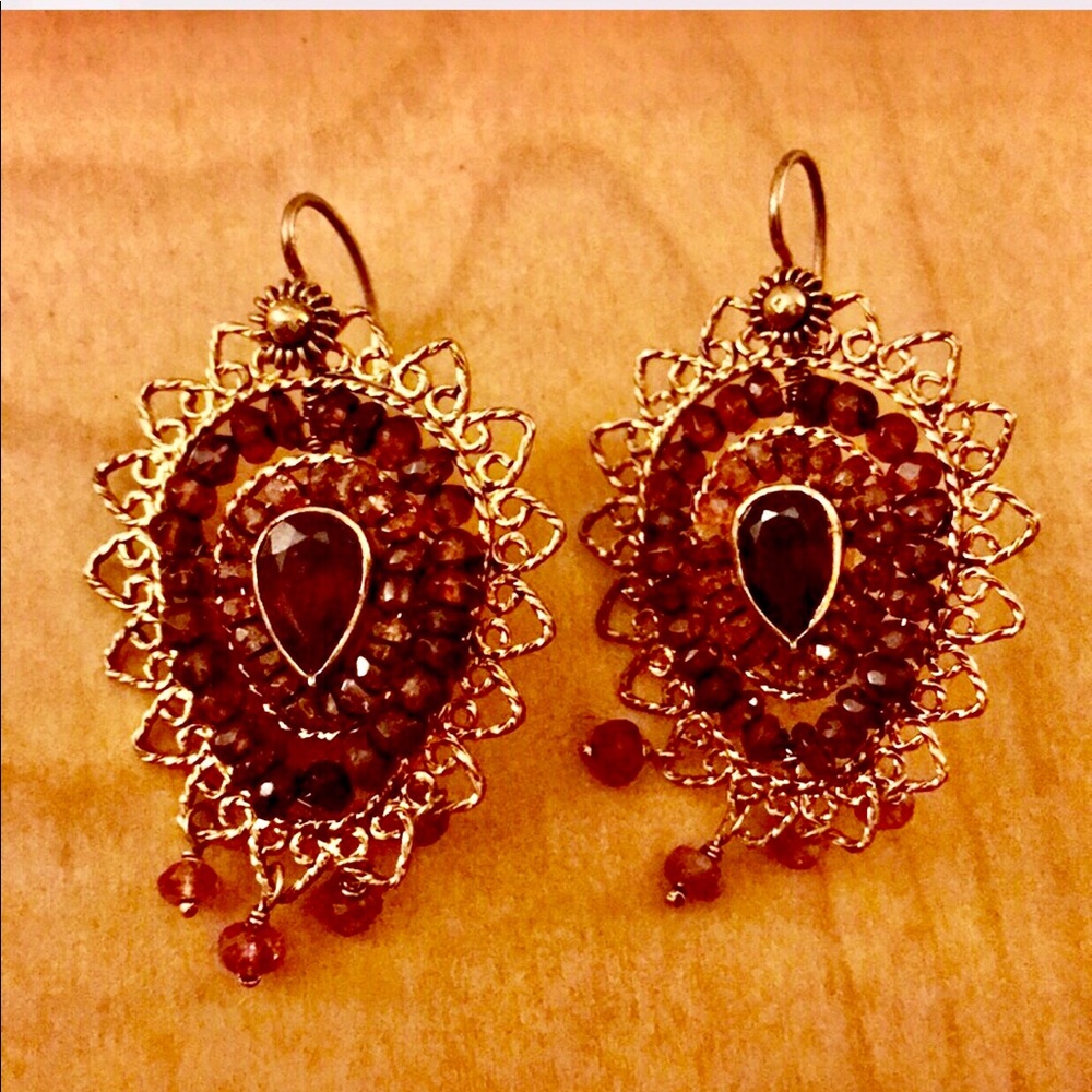 Anthropologie Garnet Gold Wire Earrings